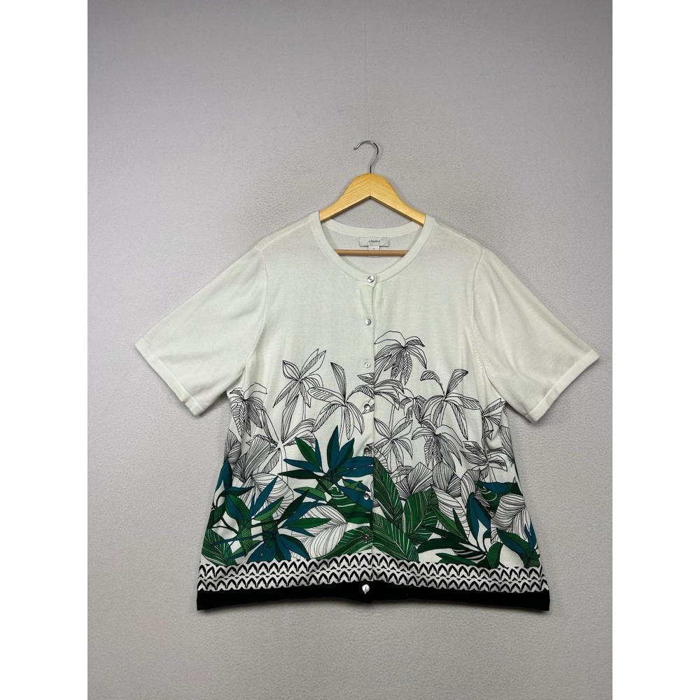 Tropical Coastal cj banks Women 1X White Green Palm Leaf Short Sleeve Cardigan